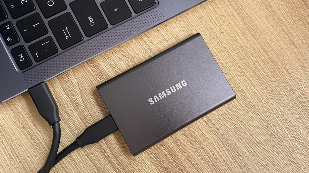 Portable external SSD connected via USB-C for easy storage expansion