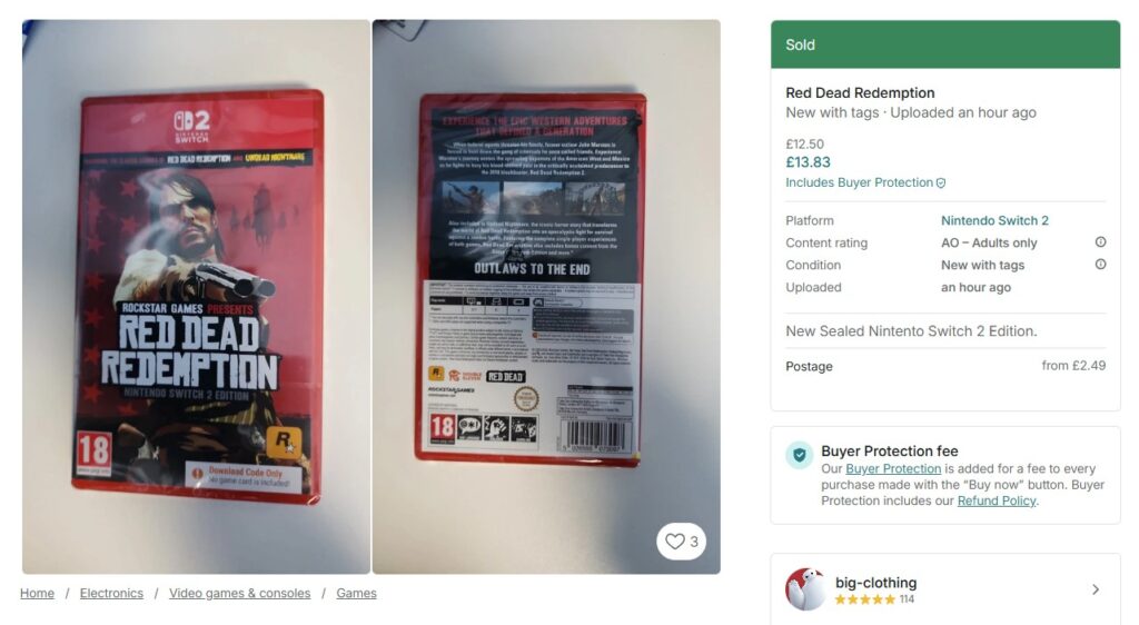 Red Dead Redemption Physical Nintendo Switch 2 Listing