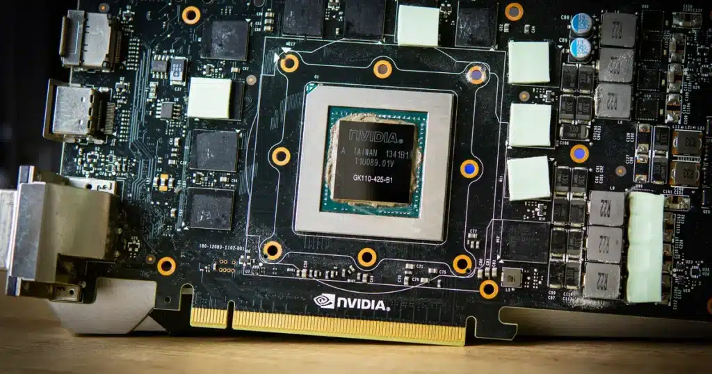 A close-up view of an open NVIDIA graphics card printed circuit board showing the exposed silicon die with old thermal paste and missing or dried thermal pads on the surrounding VRAM memory modules causing thermal throttling.