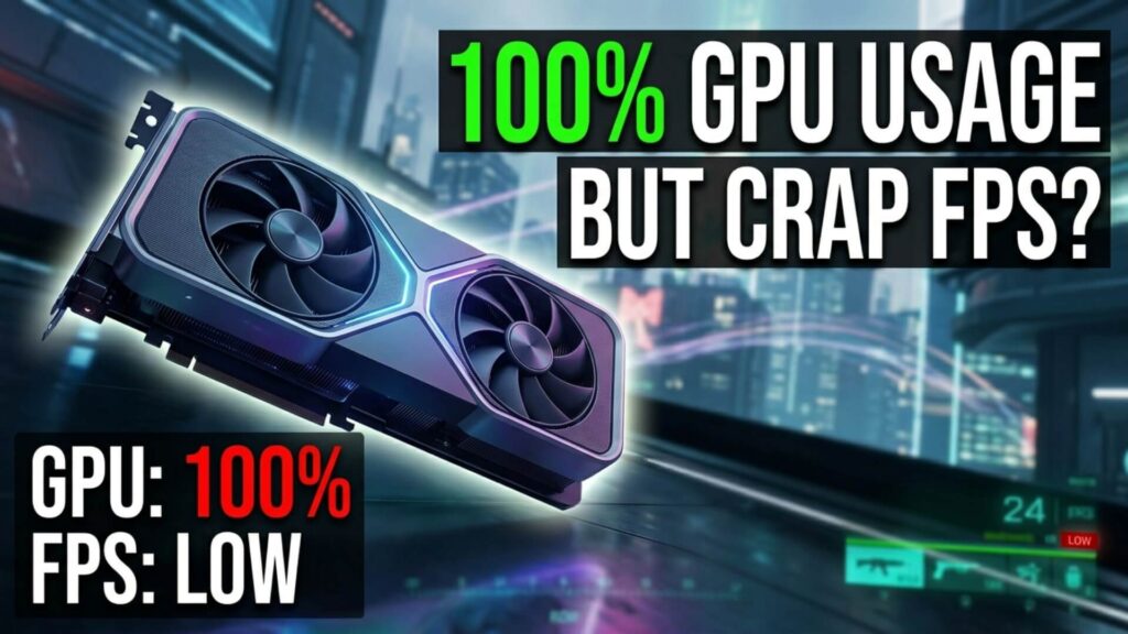 A professional tech guide banner featuring a modern dual-fan graphics card over a futuristic city background with bold text asking 100 percent GPU usage but crap FPS.