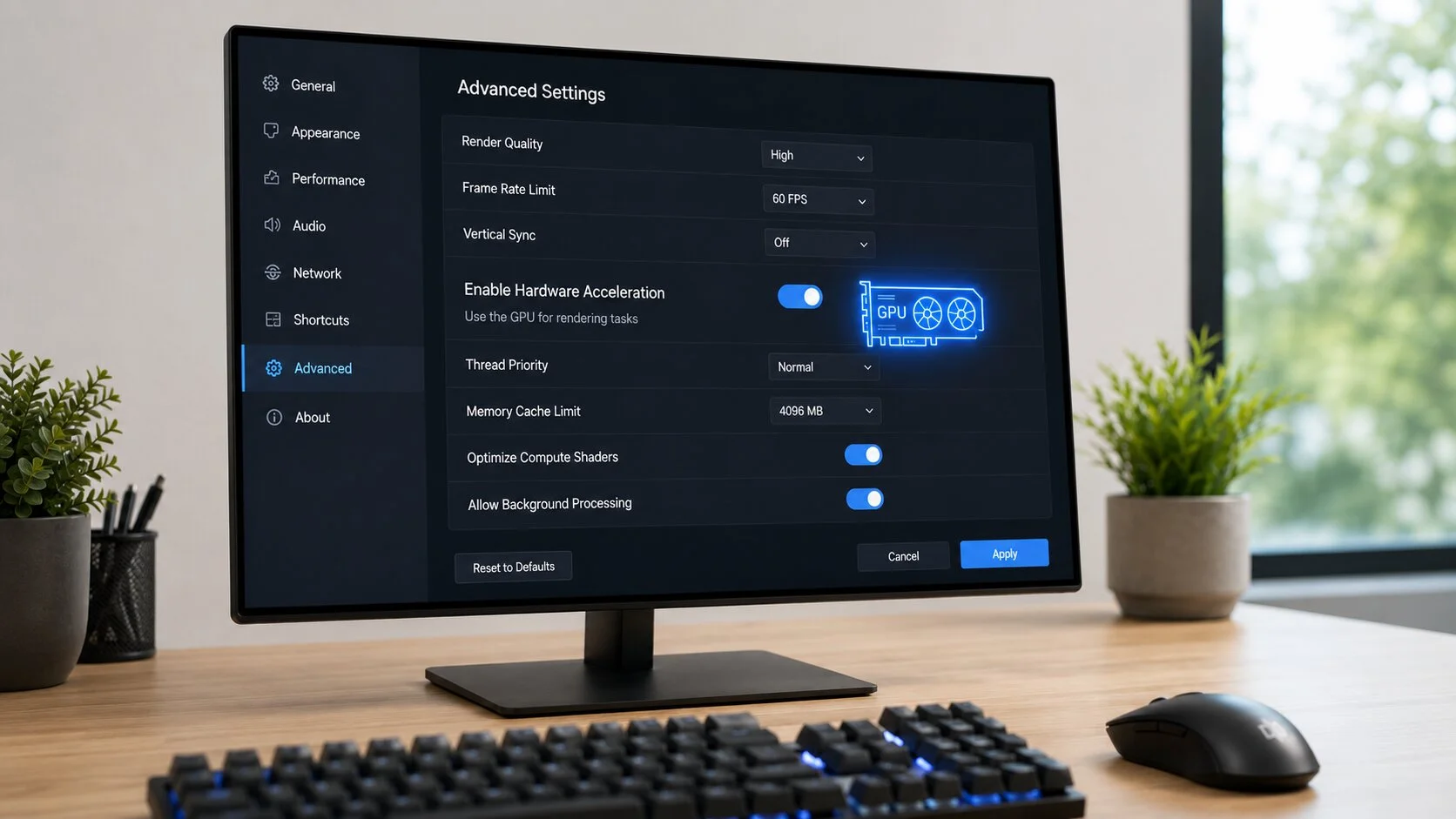 A desktop monitor displaying an Advanced Settings menu in dark mode with the Enable Hardware Acceleration toggle switched on next to a blue neon GPU icon.