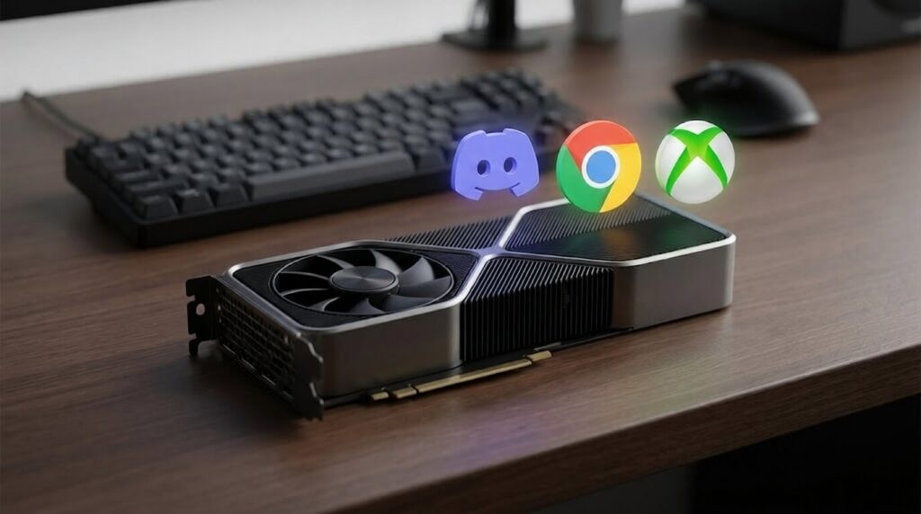 A graphics card on a dark desk with holographic logos for Discord, Chrome, and Xbox Game Bar showing background app optimization.