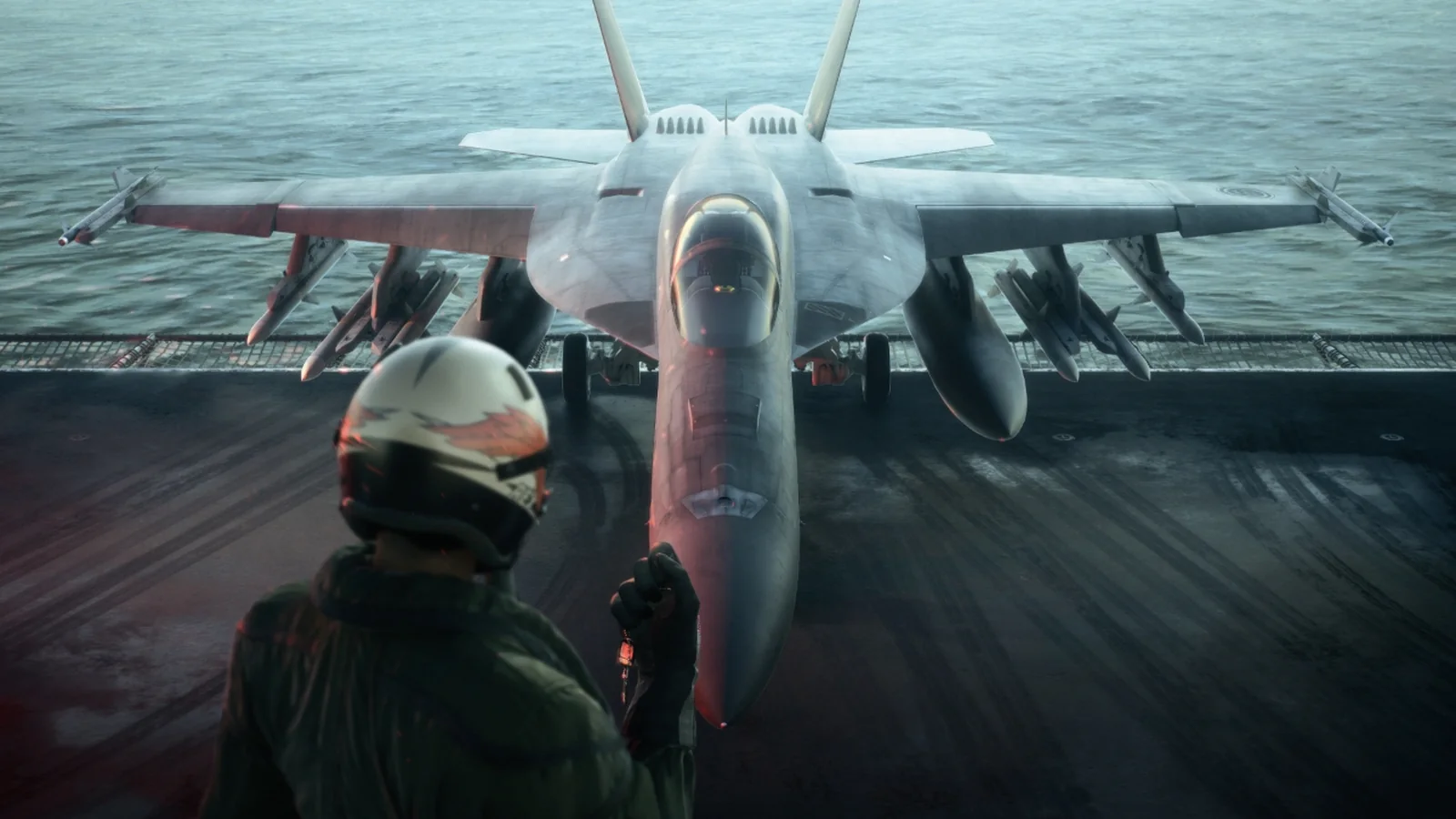 Official Ace Combat 8 screenshot showing the player pilot in a cockpit above a cloud layer