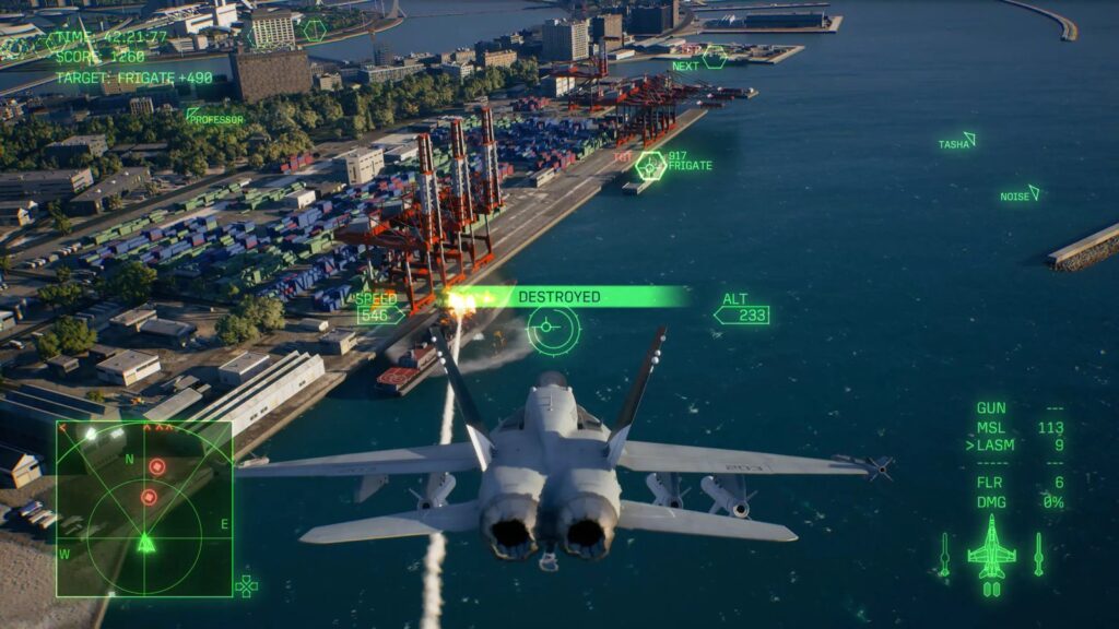 Ace Combat 8 Brings Back Annihilation Battle in New Story Trailer Official Ace Combat 8 gameplay screenshot of a fighter jet attacking ships and facilities around a container port