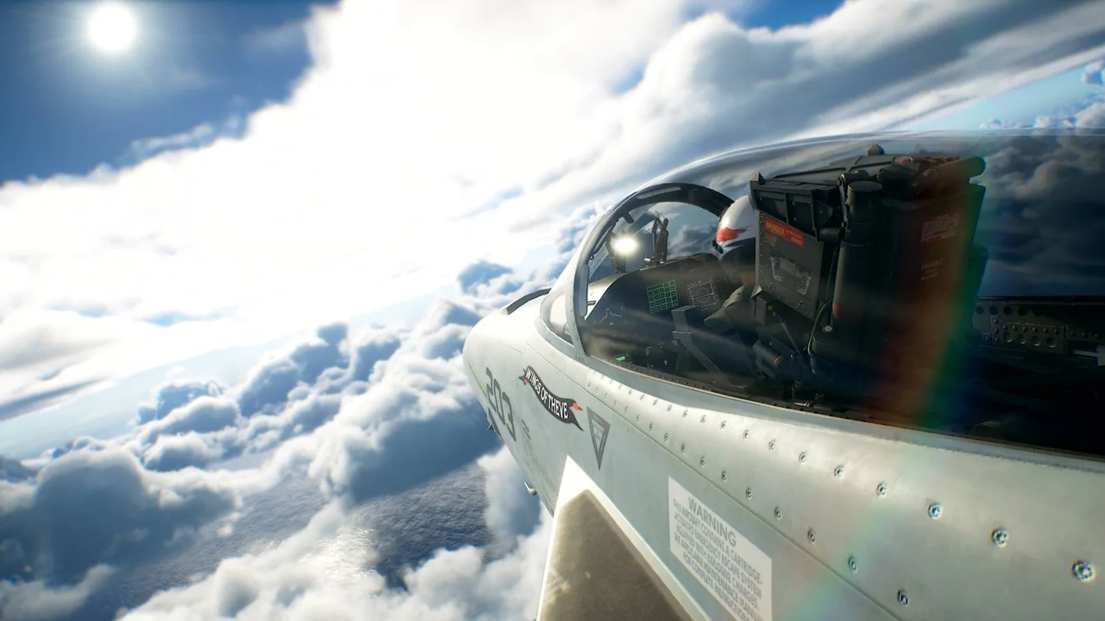 Official Ace Combat 8 screenshot showing Navy fighter jets flying in formation above the clouds