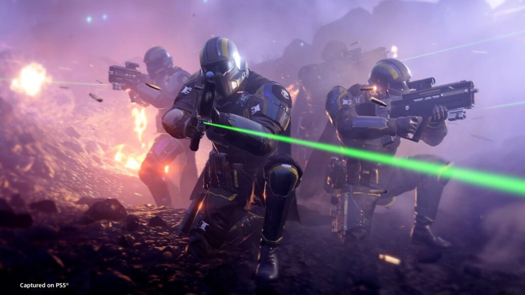 Alan Ritchson in Talks to Star in Sony’s Helldivers Movie Official Helldivers 2 screenshot showing a squad operating in the hostile Illuminate Void