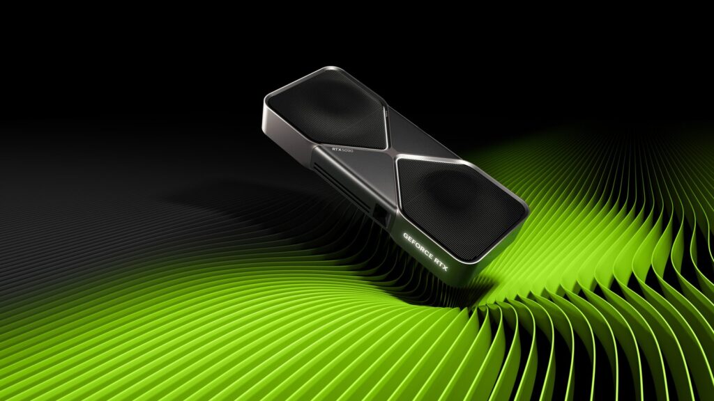 Official NVIDIA GeForce RTX 5090 Founders Edition product render on a black-and-green geometric background