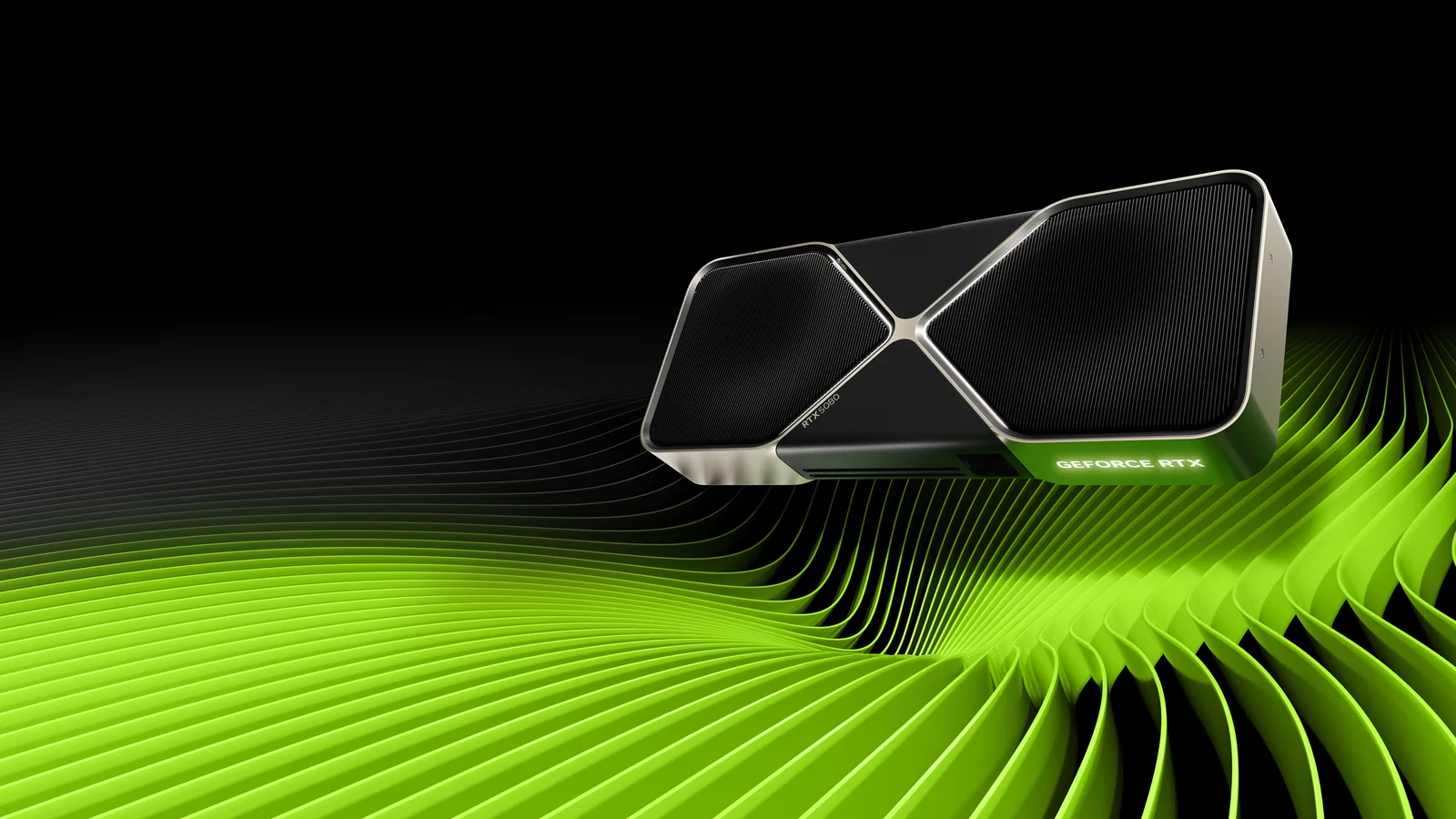 Official NVIDIA GeForce RTX 5080 Founders Edition product render shown above the company's green wave graphic