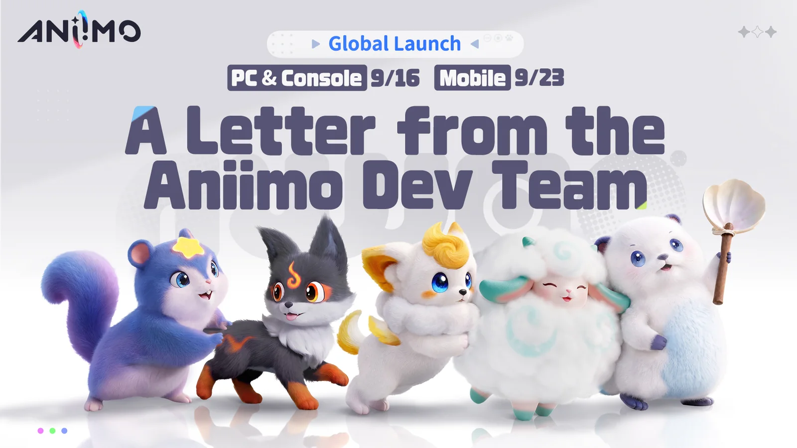 Official Aniimo developer letter artwork showing the game’s colorful open-world cast and creatures in a wide 1920x1080