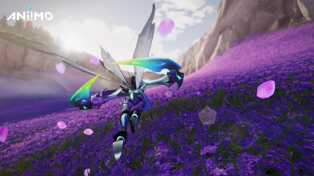 Aniimo Launches as Free-to-Play Creature-Collecting RPG Official Aniimo gameplay artwork showing a winged Aniimo racing through a large purple flower field