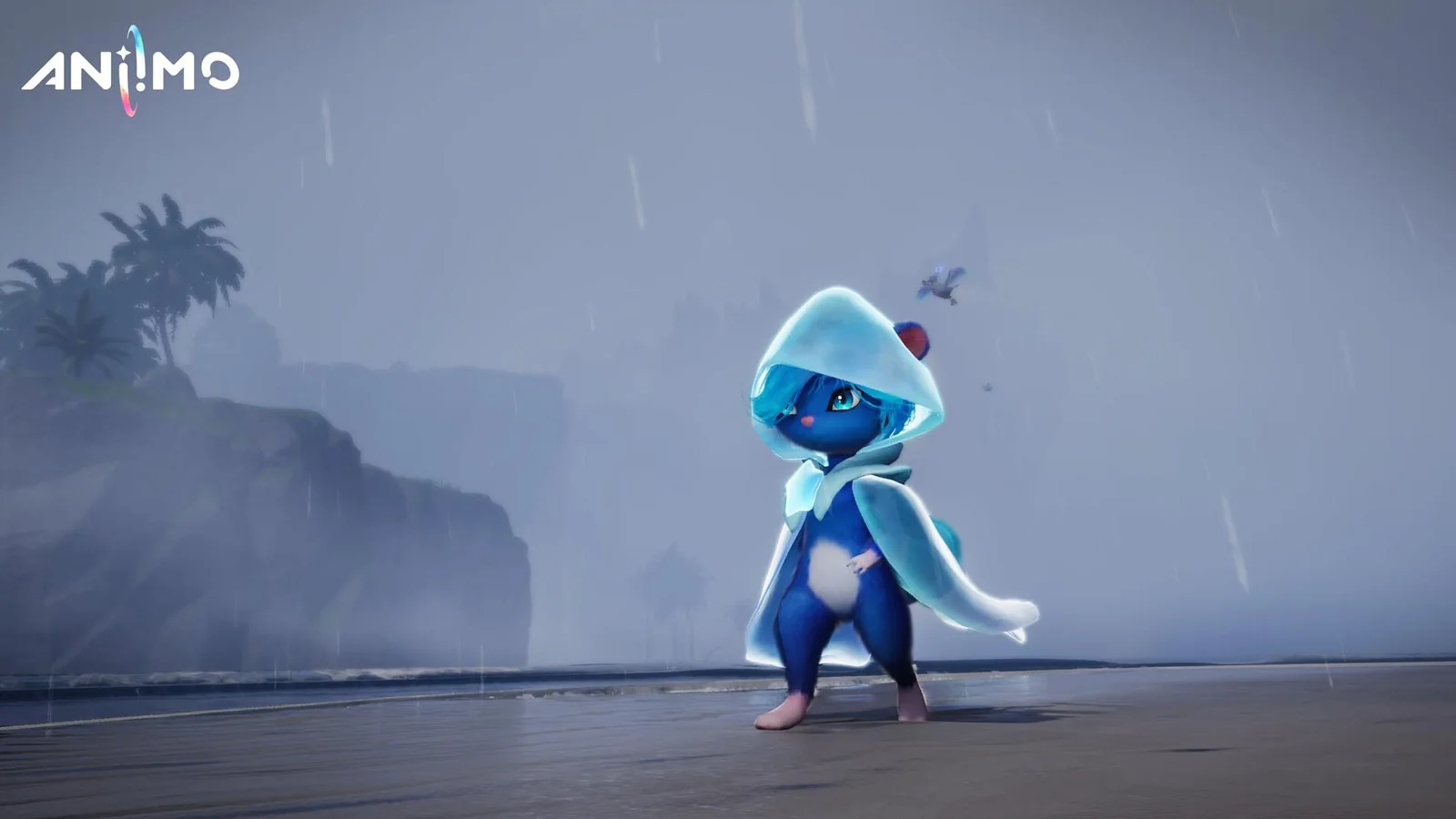 Official Aniimo screenshot showing a blue hooded creature standing in the rain near the coastline