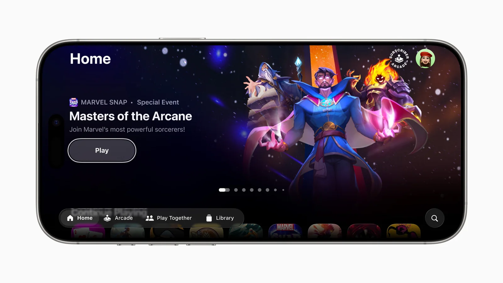 Official Apple Games hero image showing the app across MacBook Pro, iPad and iPhone