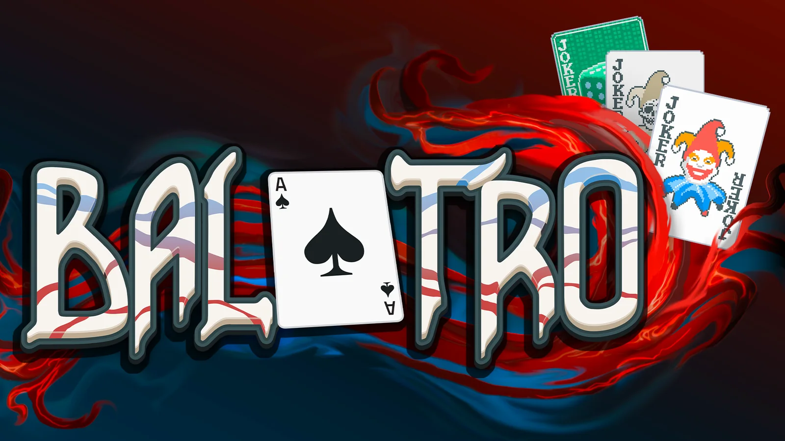 Official Balatro key art featuring the game's logo, Ace of Spades and multiple Joker cards against a red-and-blue