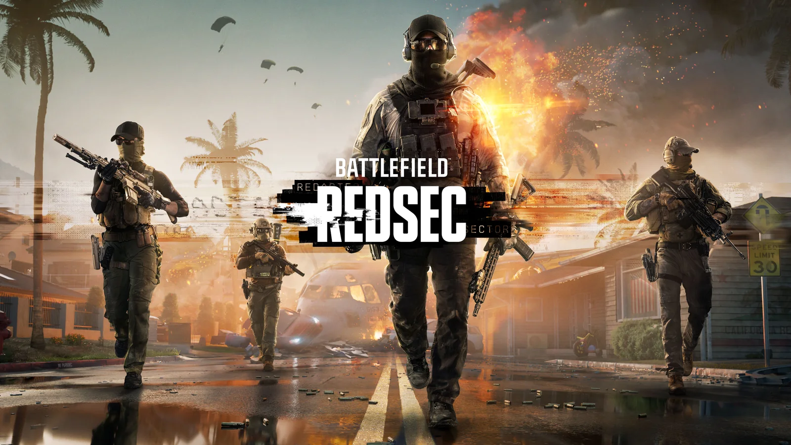 Official Battlefield REDSEC competitive artwork showing four armed soldiers silhouetted against a dark, digitally