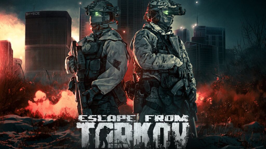 Escape from Tarkov 2025 key art showing two heavily equipped operators with night-vision gear against a dark city and