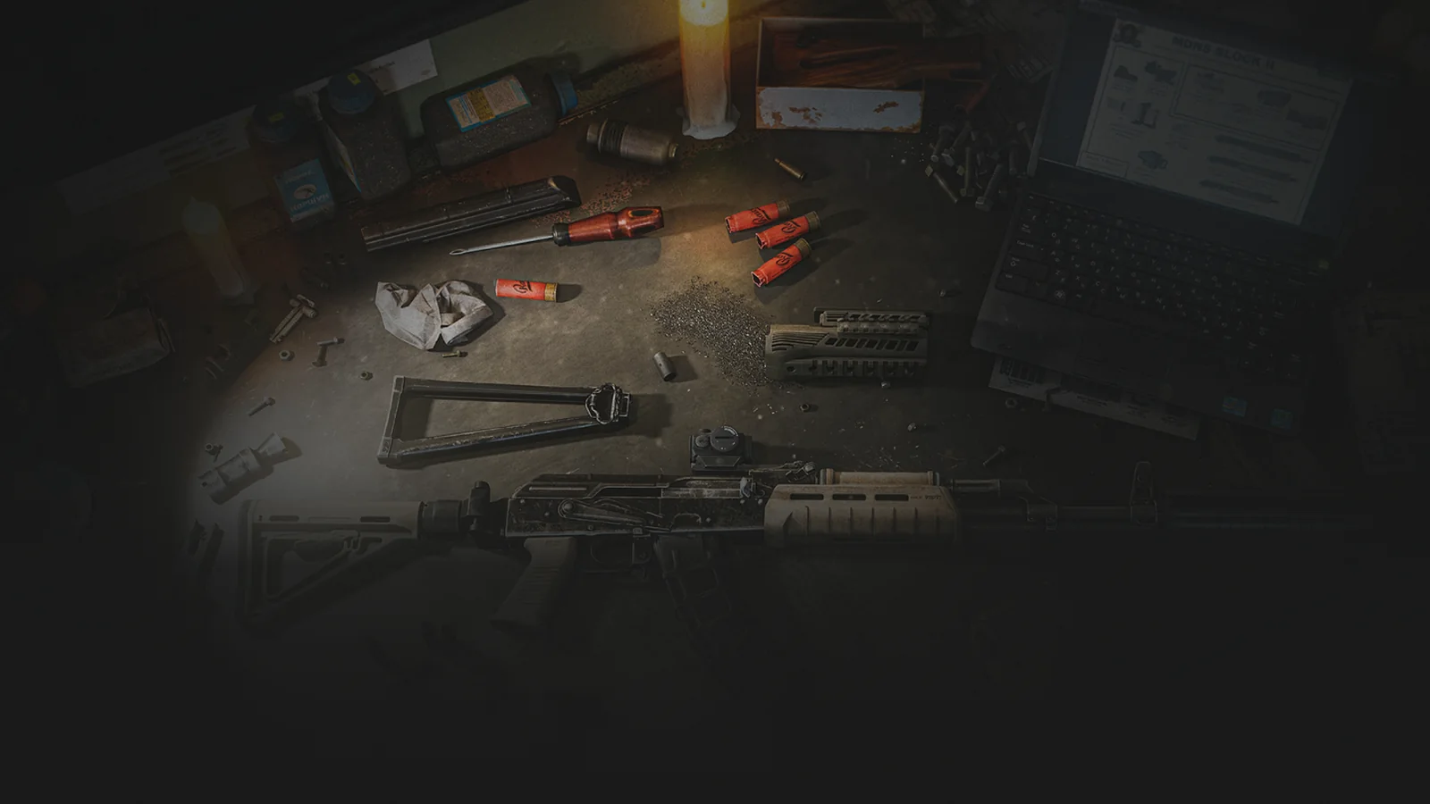Official Escape from Tarkov promotional key art featuring two armed PMC operators against the ruined Tarkov city skyline