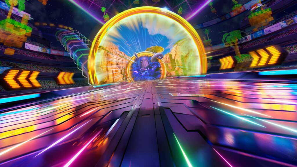 Bayonetta Joins Sonic Racing: CrossWorlds in Free Year-Two Update Official Sonic Racing: CrossWorlds key art showing Sonic and multiple racers speeding through a glowing Travel Ring