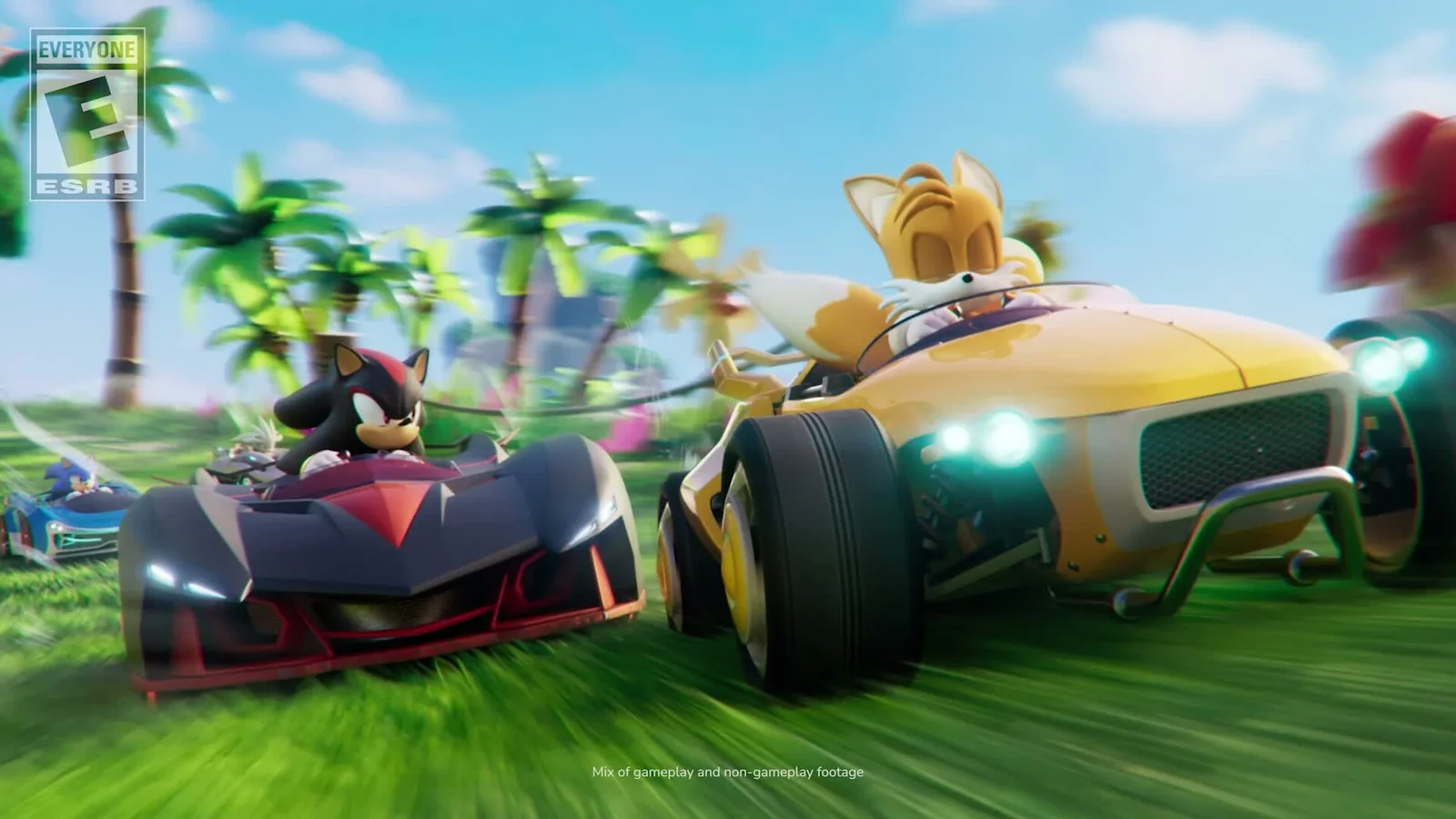 Official Sonic Racing: CrossWorlds trailer frame showing Tails and Shadow racing side by side on a tropical course