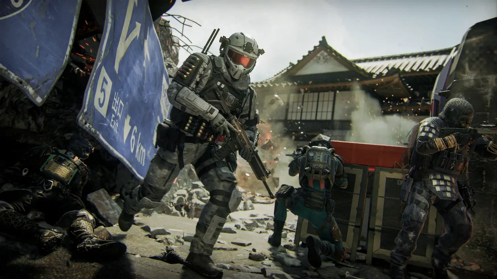 Official Black Ops 7 Multiplayer promotional image showing operators moving through a modern combat zone