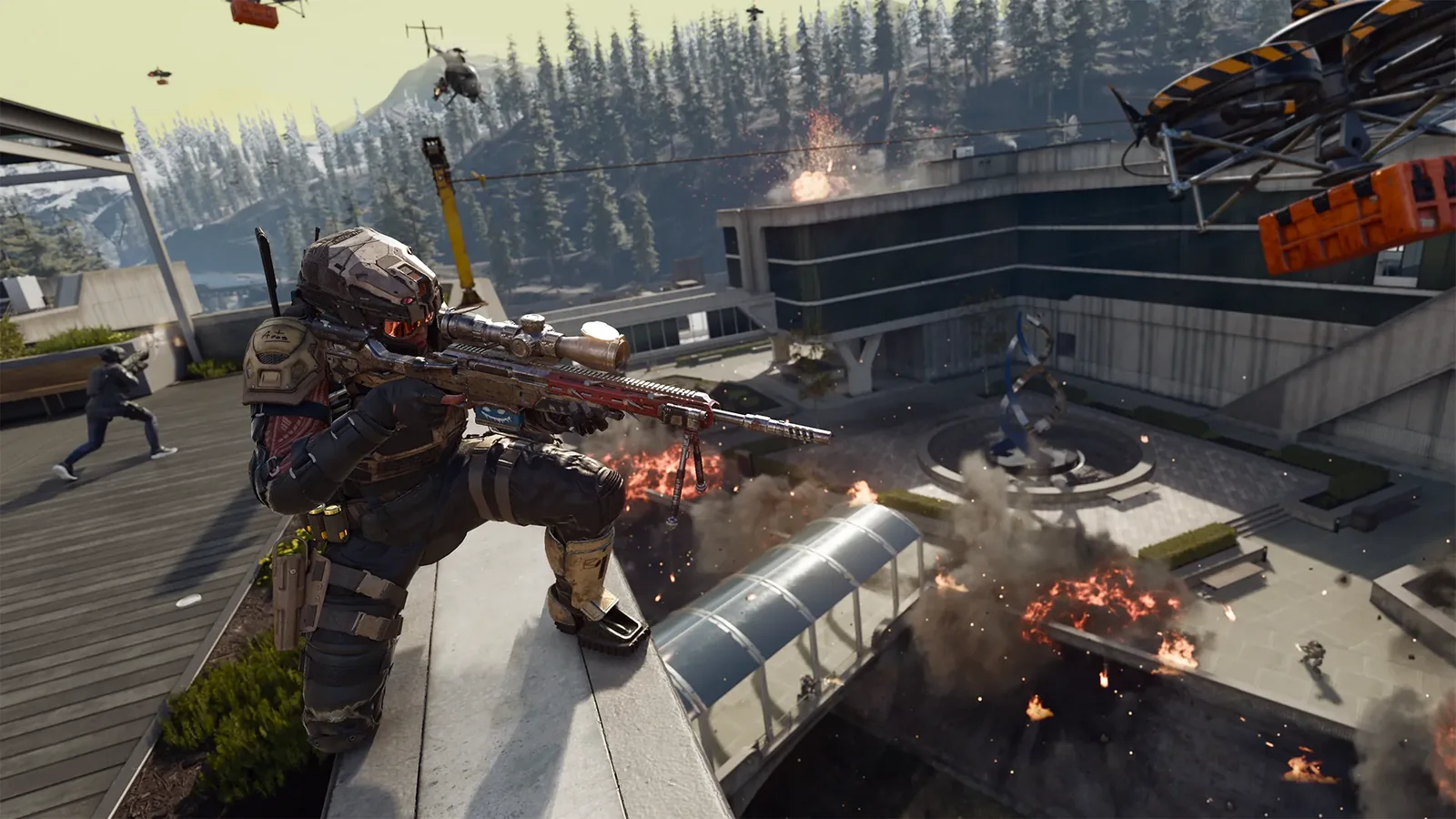 Official Warzone screenshot showing the Drone Labs area of Verdansk from an elevated combat viewpoint