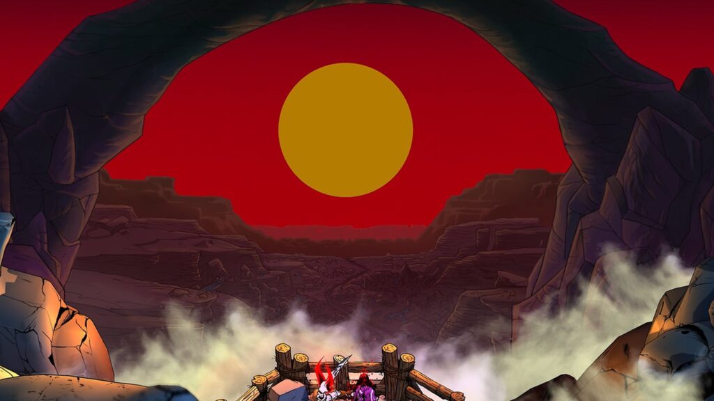 Blighted Delayed to 2027 for Additional Polish Official Blighted gameplay screenshot showing the player character in a rocky landscape beneath a huge red sky and sun