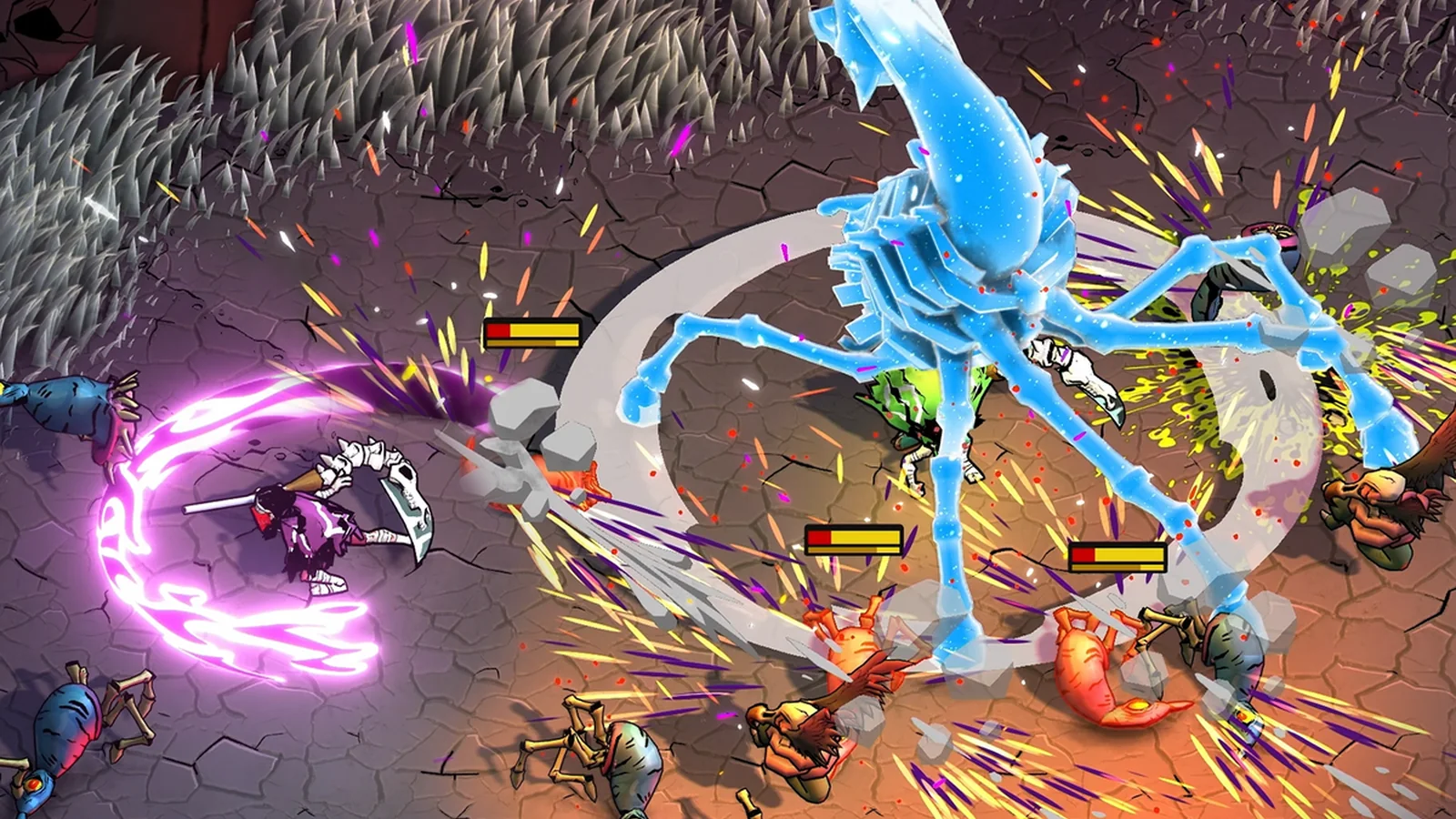Official Blighted gameplay screenshot showing the player character in a rocky landscape beneath a huge red sky and sun