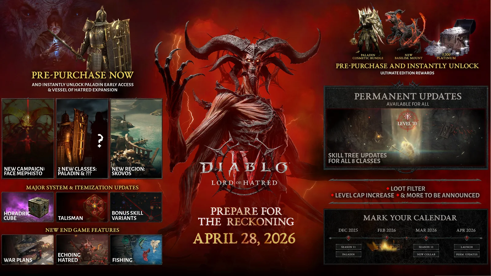 Official Diablo IV: Lord of Hatred promotional artwork centered on Mephisto and the expansion's dark fantasy setting