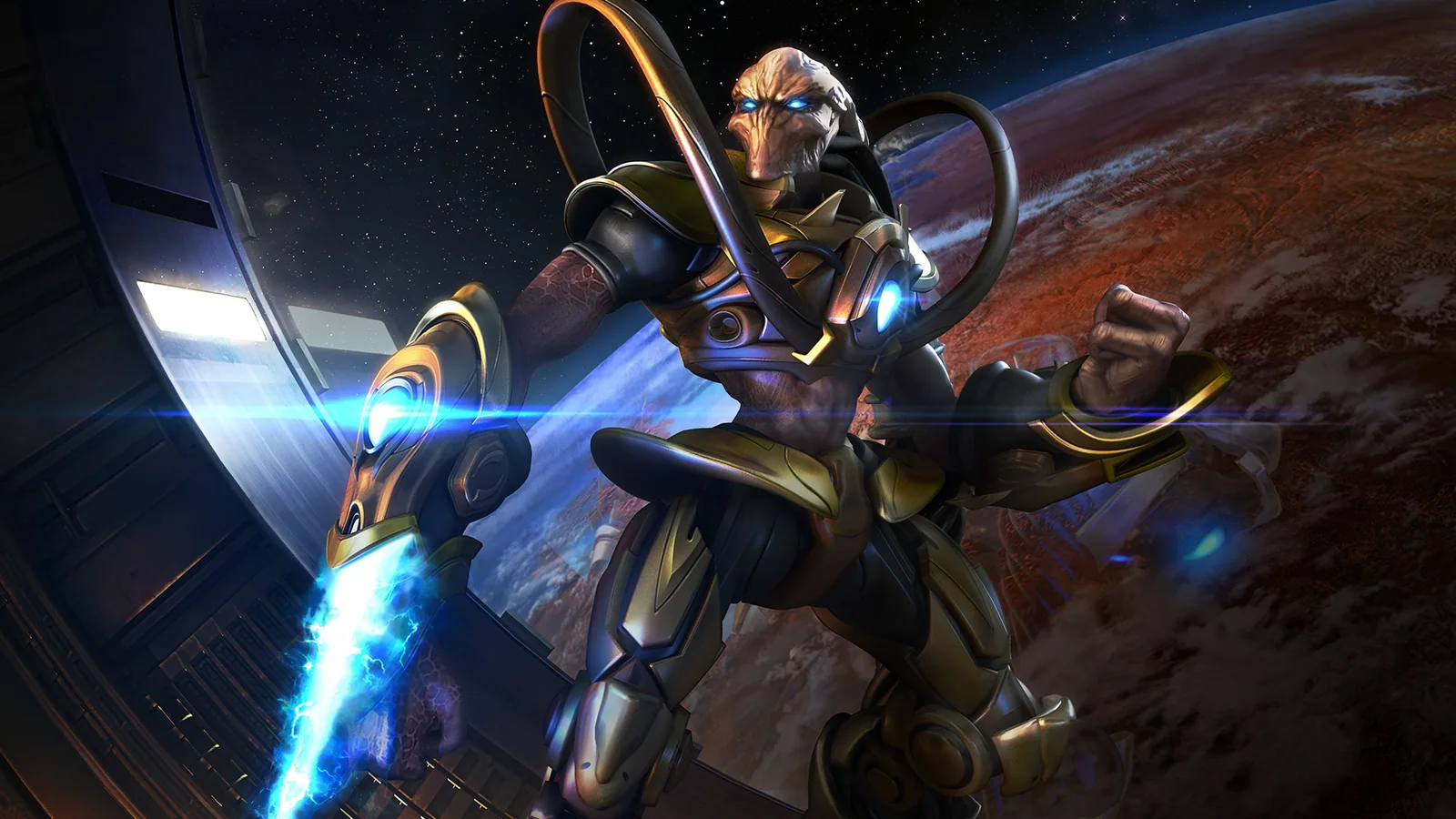 Official StarCraft artwork featuring a Protoss warrior against a planet and space backdrop