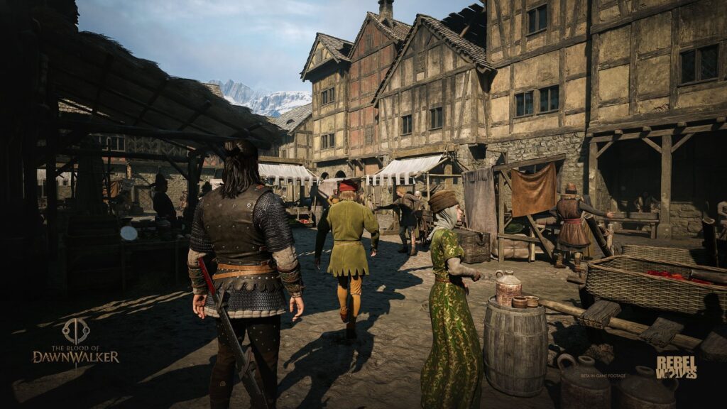 Coen walking through a busy medieval market square in daylight