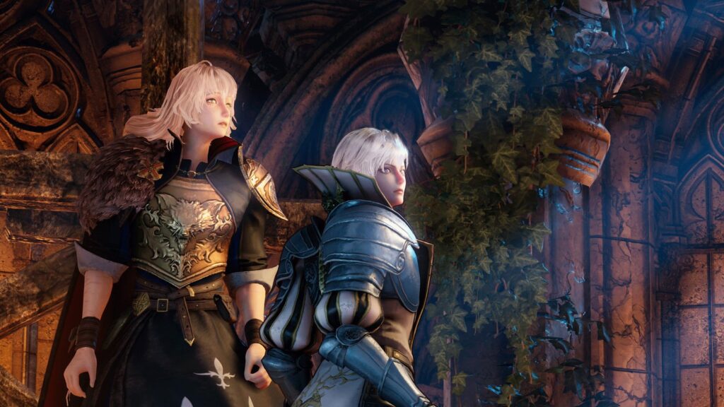 Bloodstained: The Scarlet Engagement Gets New TGS Gameplay Trailer Official screenshot of Leo and Alex standing together in a richly detailed gothic structure