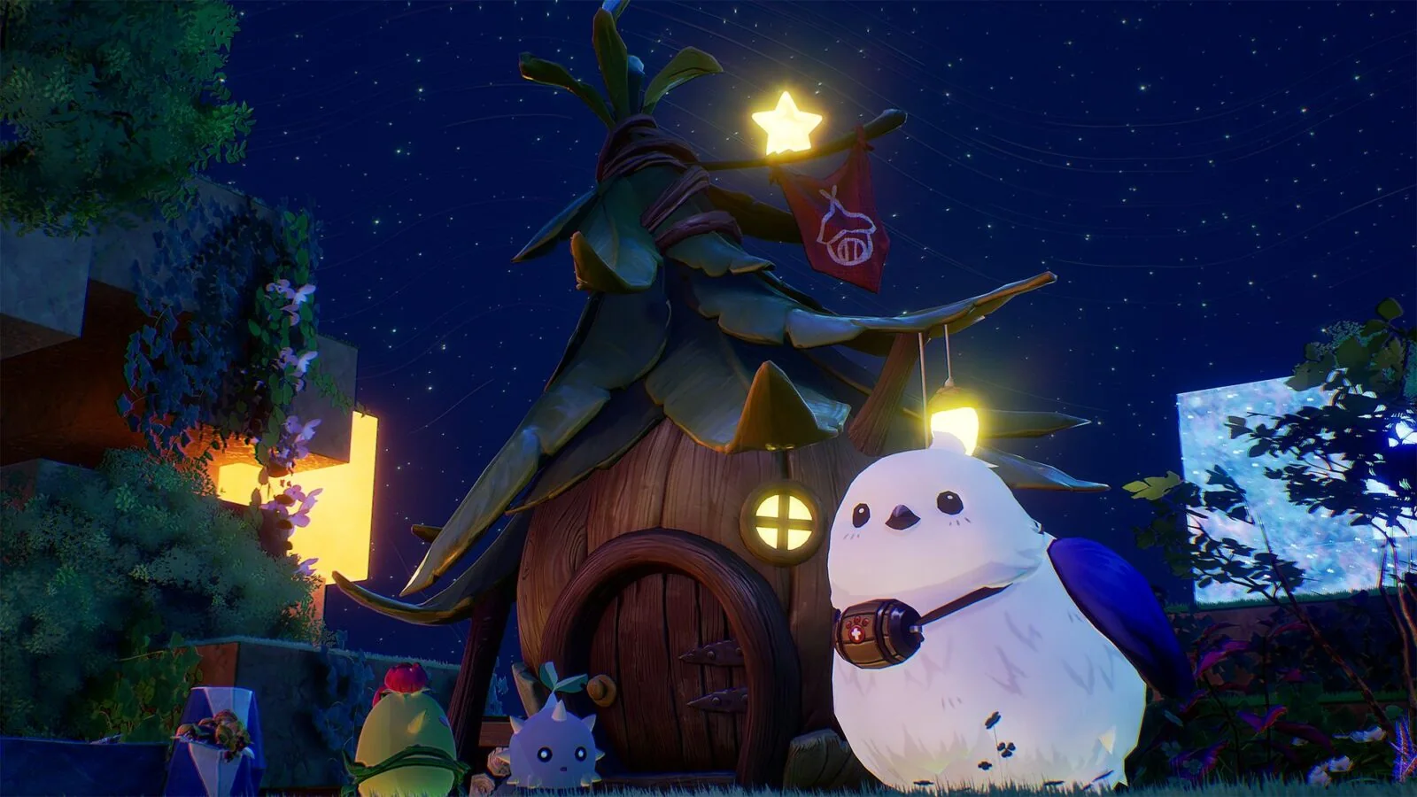 Official Bloomwalker screenshot showing a Higgledy-like spirit beside a small house in a nighttime Pocket Dimension
