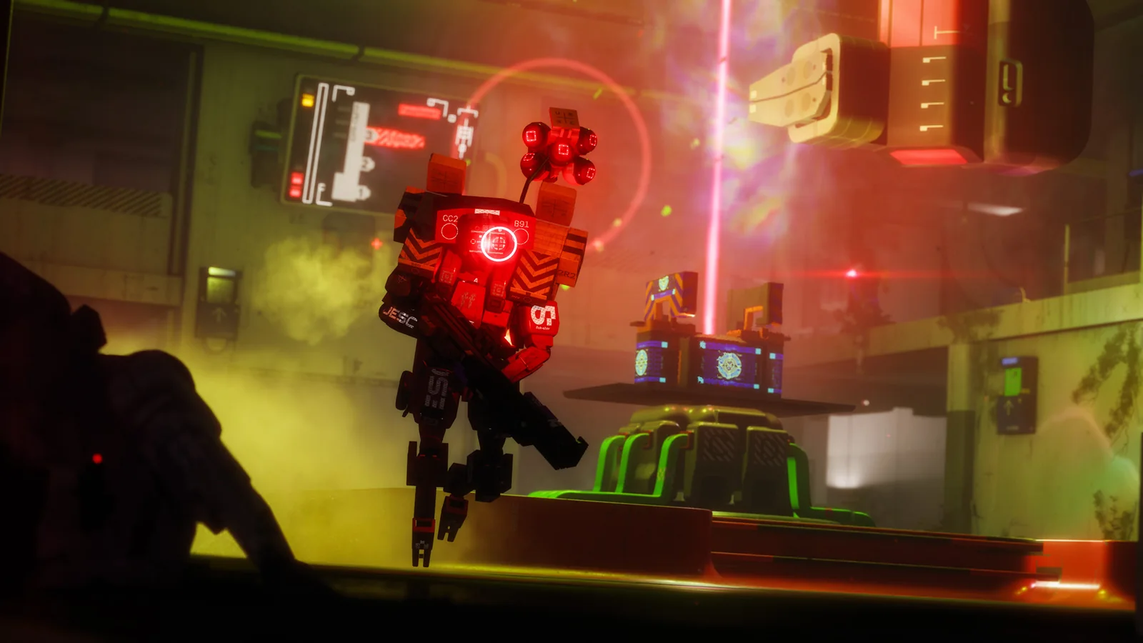 Official Marathon Season 2 screenshot showing a red-lit hostile robotic enemy inside an industrial combat space