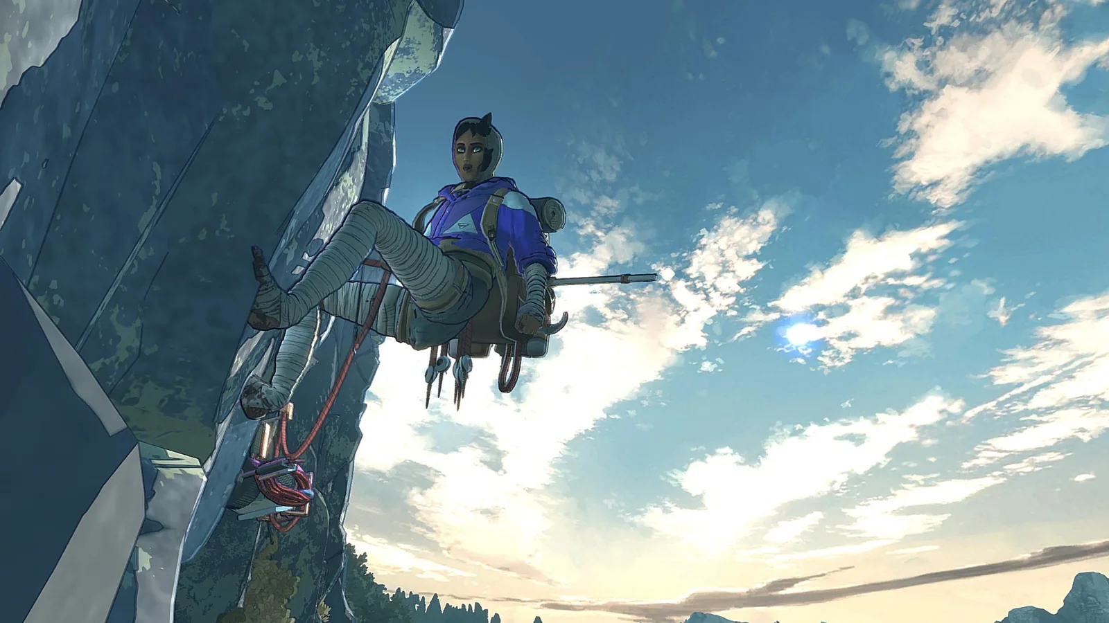Cairn gameplay image showing Aava secured to a cliff face with the sky and distant peaks behind her