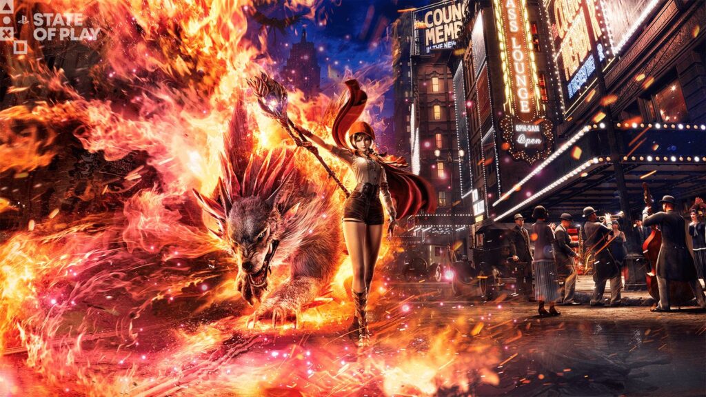 Official Rhapsody in Scarlet key art showing Ellie Myers with a fiery beast against a neon-lit 1920s New York backdrop