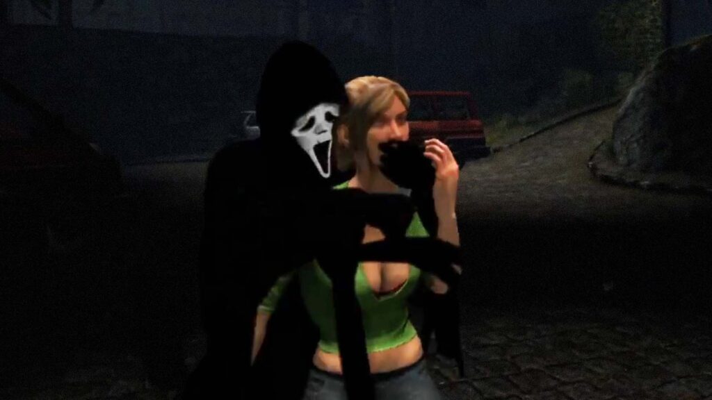 Canceled Scream Multiplayer Prototype Surfaces in Valve Leak Leaked prototype gameplay screenshot showing Ghostface standing directly behind a female survivor in the unfinished