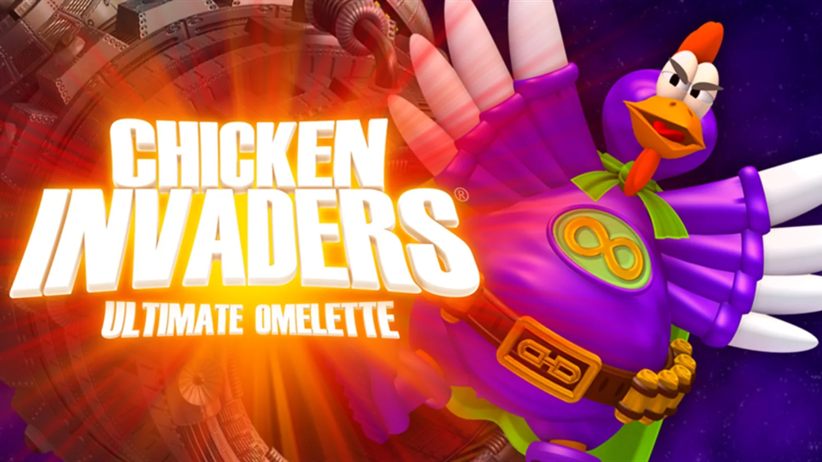 Official Chicken Invaders 4 HD artwork featuring the purple superhero chicken against a space backdrop