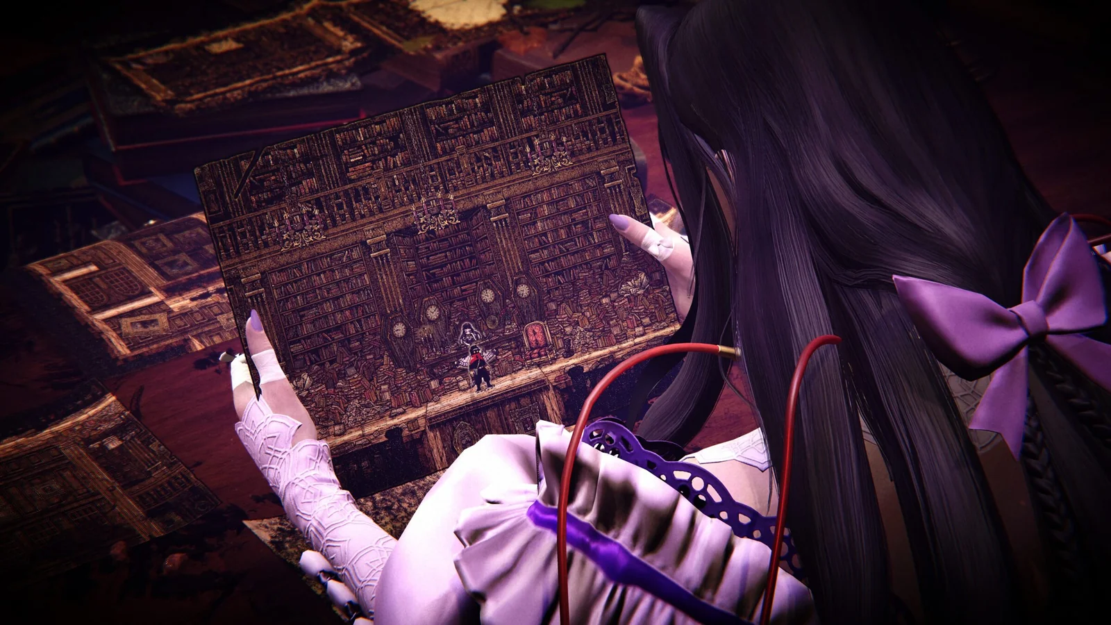 Official Chronoscript image showing Viola S. Chambers holding a manuscript page containing the 2D game world