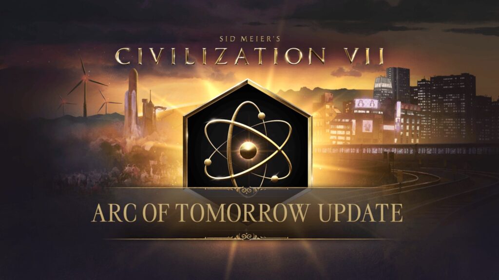 Civilization VII Arc of Tomorrow and Earthrise Expansion Revealed Official Civilization VII Arc of Tomorrow key art showing a futuristic cityscape, wind turbines and the Atomic Age