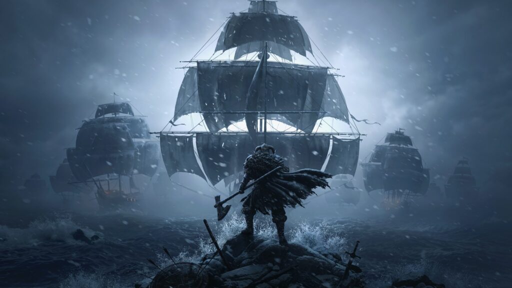CONQ: Crown of No Quarter Announced for PS5 and PC in 2027 Official PlayStation Store artwork showing an armored warrior standing in rough water in front of a large dark sailing