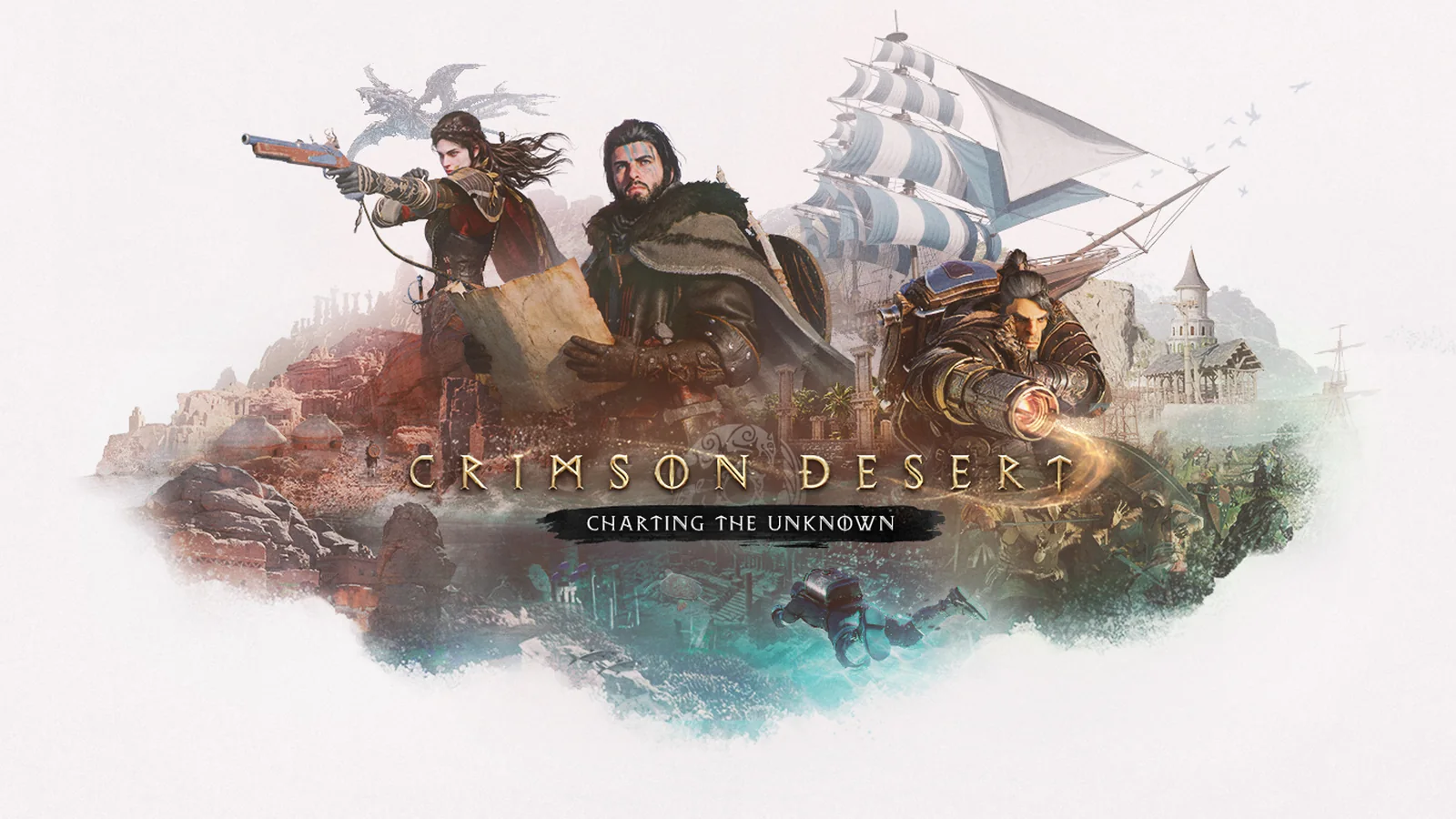 Official Charting the Unknown promotional artwork featuring Kliff, Oongka and Damiane with a sailing ship, underwater
