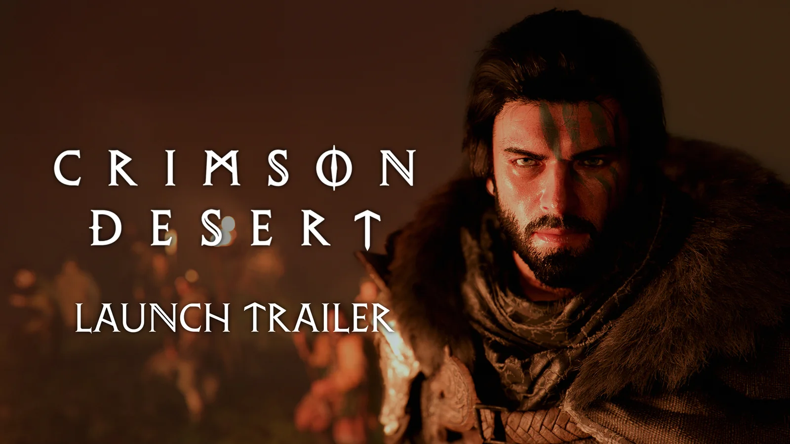 Official Crimson Desert launch artwork featuring Kliff in close-up against a warm firelit background