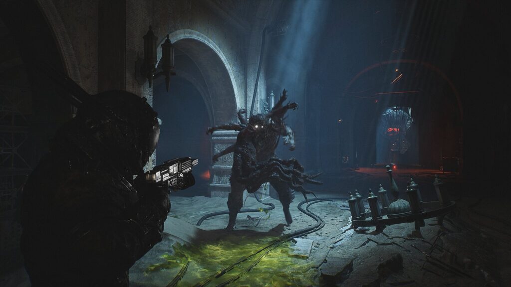 Cronos: Lazarus Gameplay Showcase Highlights Faster Combat Cronos: Lazarus combat screenshot showing the Pathfinder aiming at a grotesque creature in a cathedral-like environment