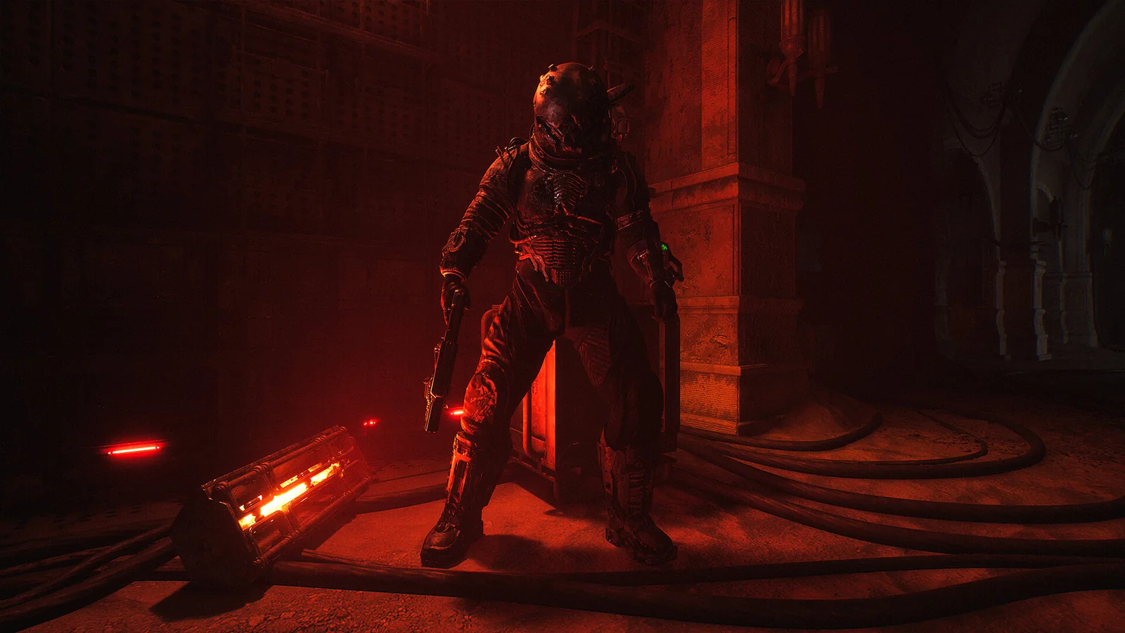 Cronos: Lazarus combat screenshot showing the Pathfinder aiming at a grotesque creature in a cathedral-like environment