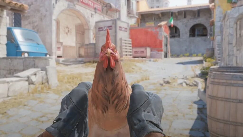 Counter-Strike 2 chicken shown close-up from a player’s first-person perspective