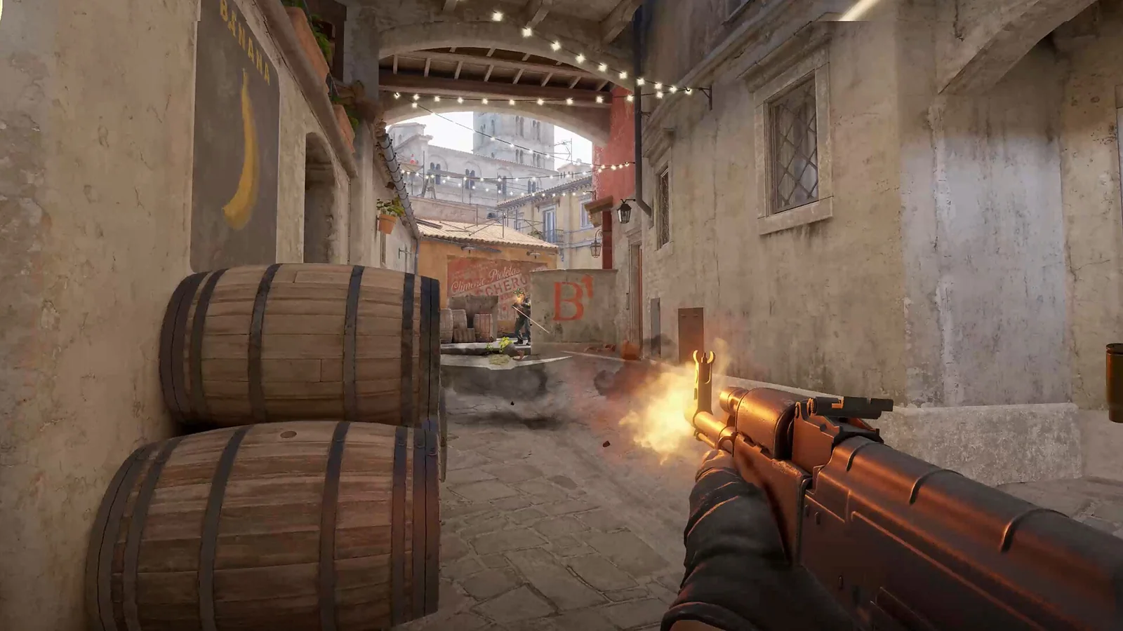 Chicken walking beside a bench in a Counter-Strike 2 map while the player holds a silenced pistol