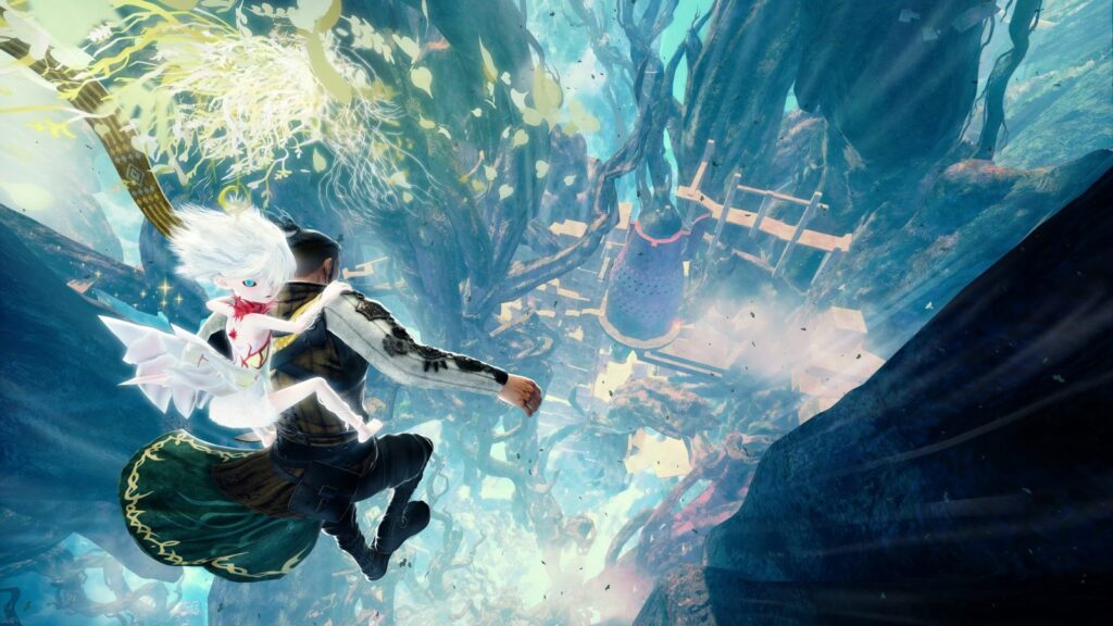 CygamesEdge Debuts With Where the Seeds Fall, Launching November 5 Official Where the Seeds Fall promotional image showing the soldier and Fell Child descending through the enormous World
