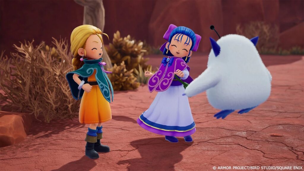 Dragon Quest Monsters: The Withered World Gets Gameplay Trailer Official gameplay screenshot showing Bianca and Nera with a large monster in the Witherwood environment