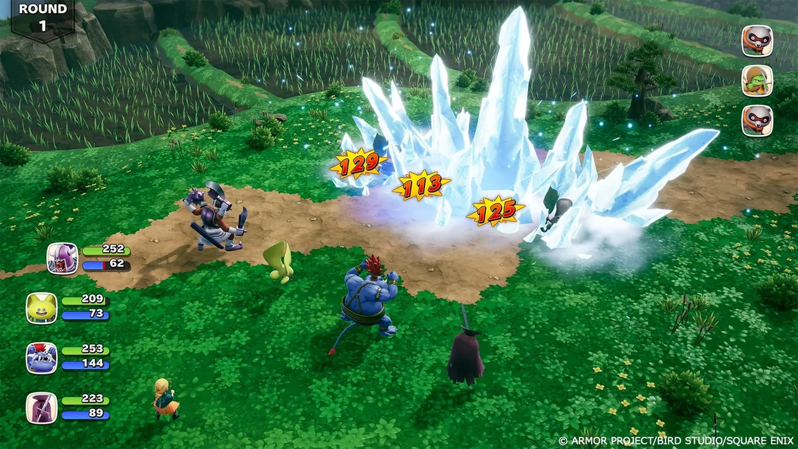 Official battle screenshot showing a party attacking enemies with a large ice spell