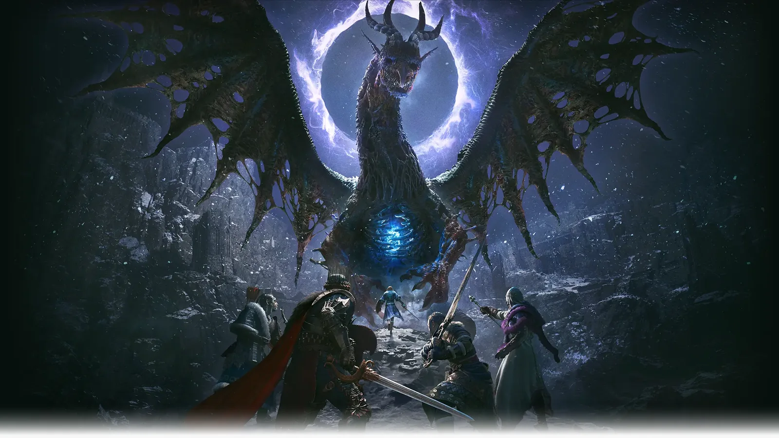Official Dark Arisen screenshot showing an adventurer overlooking Norgan’s frozen ruins and mountain landscape