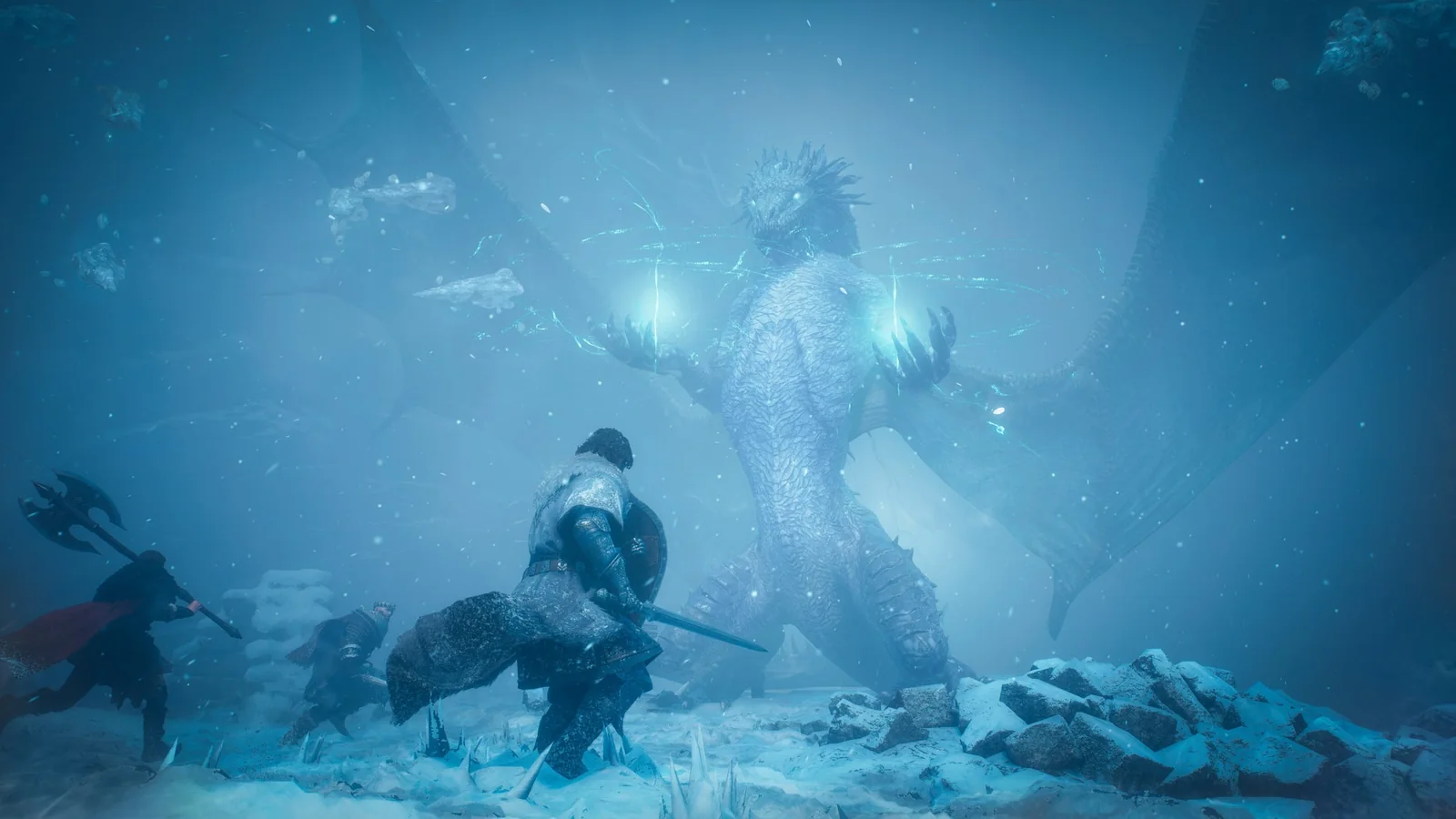 Official Dragon’s Dogma 2: Dark Arisen gameplay image showing the party confronting the towering ice dragon Fimbl in